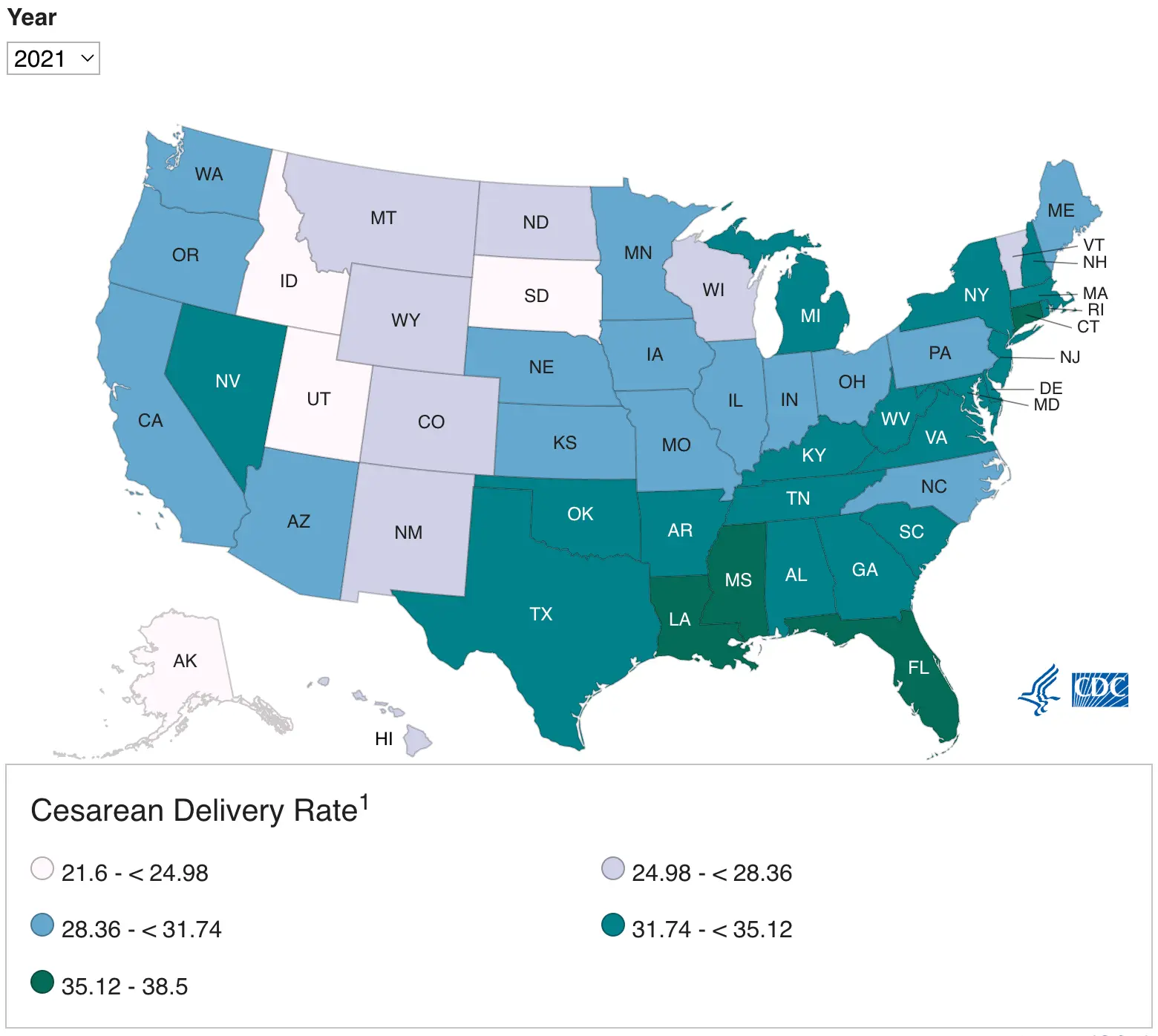 Info graphic of USA states showing % of births via cesarean in 2021