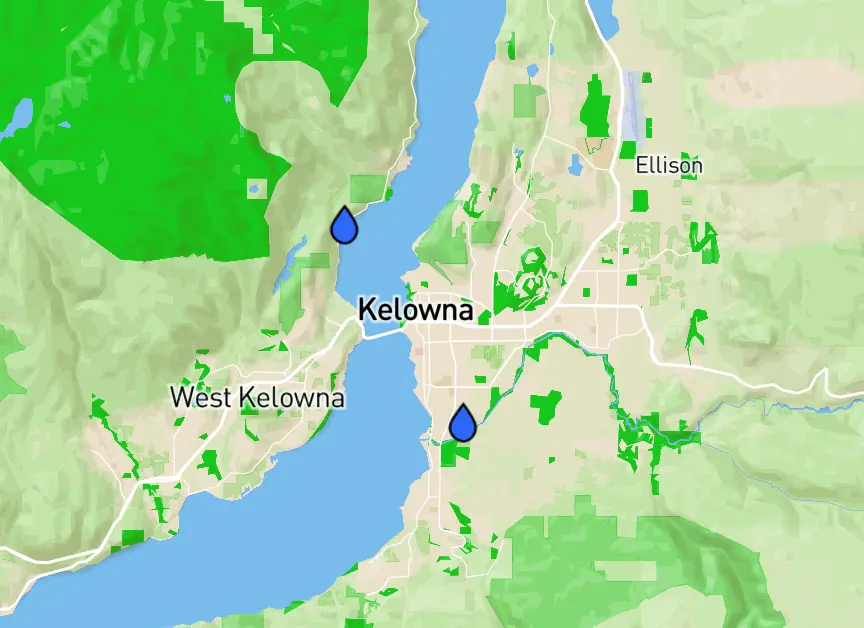 Graphic of a map in Kelowna BC Canada showing location of a spring depicted by a dark blue water droplet